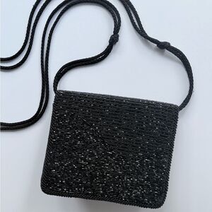 Vintage 1990s Diane Von Furstenberg Beaded Black Satin Evening Crossbody Bag